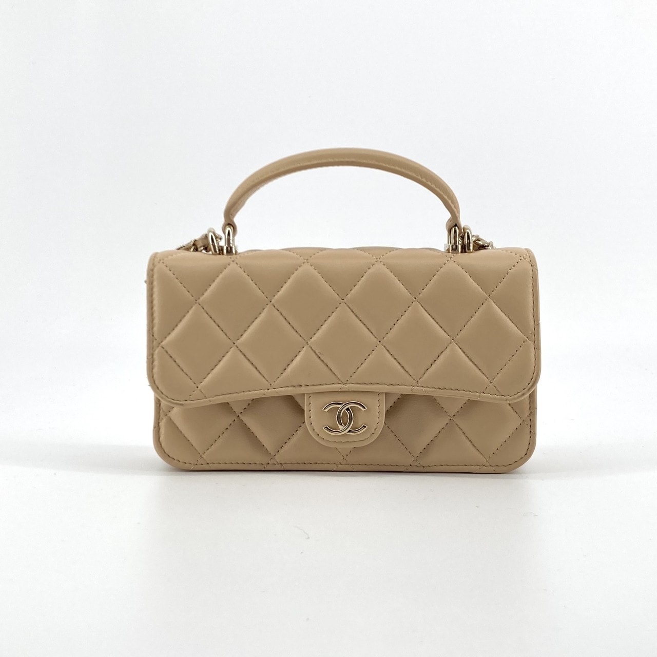 CHANEL(シャネル) マトラッセ トップハンドル ミニ フラップ P1番台 2WAY ラムスキン AS2431 ハンドバッグ ベージュ×ゴールド