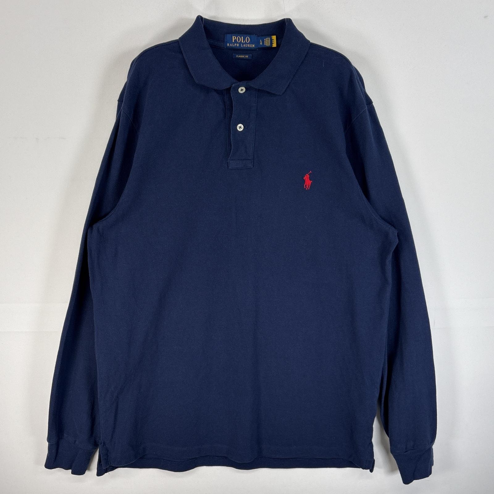 古着 ポロ・ラルフローレン POLO RALPH LAUREN 鹿の子 長袖 ポロシャツ ロゴ 刺繍 2ボタン L  ネイビー 無地 メンズ