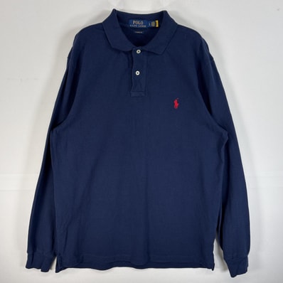 古着 ポロ・ラルフローレン POLO RALPH LAUREN 鹿の子 長袖 ポロシャツ ロゴ 刺繍 2ボタン L ネイビー 無地 メンズ