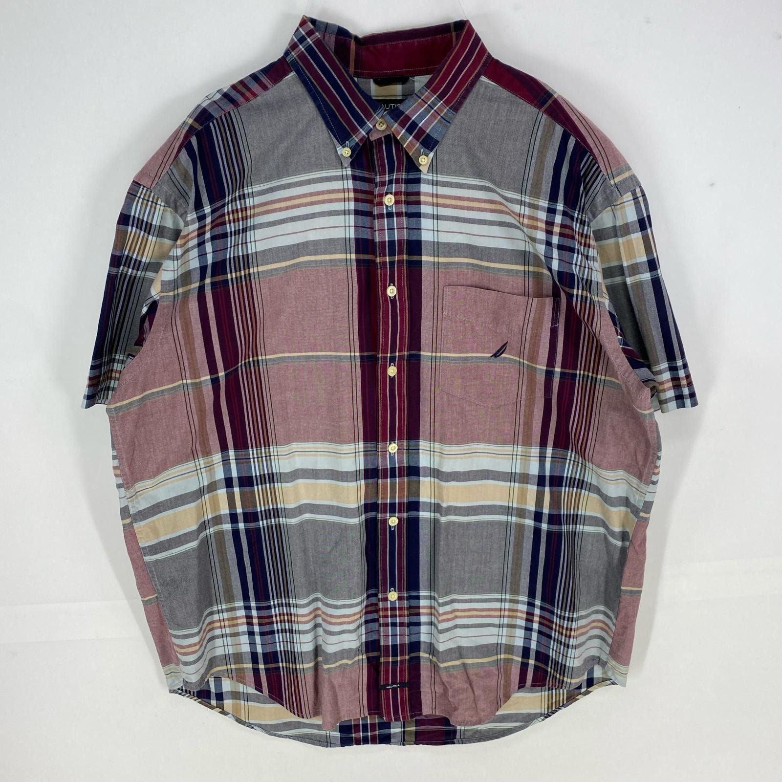古着 ノーティカ NAUTICA 半袖シャツ ボタンダウン 胸ポケット ショートスリーブ XL レッド系 チェック メンズ