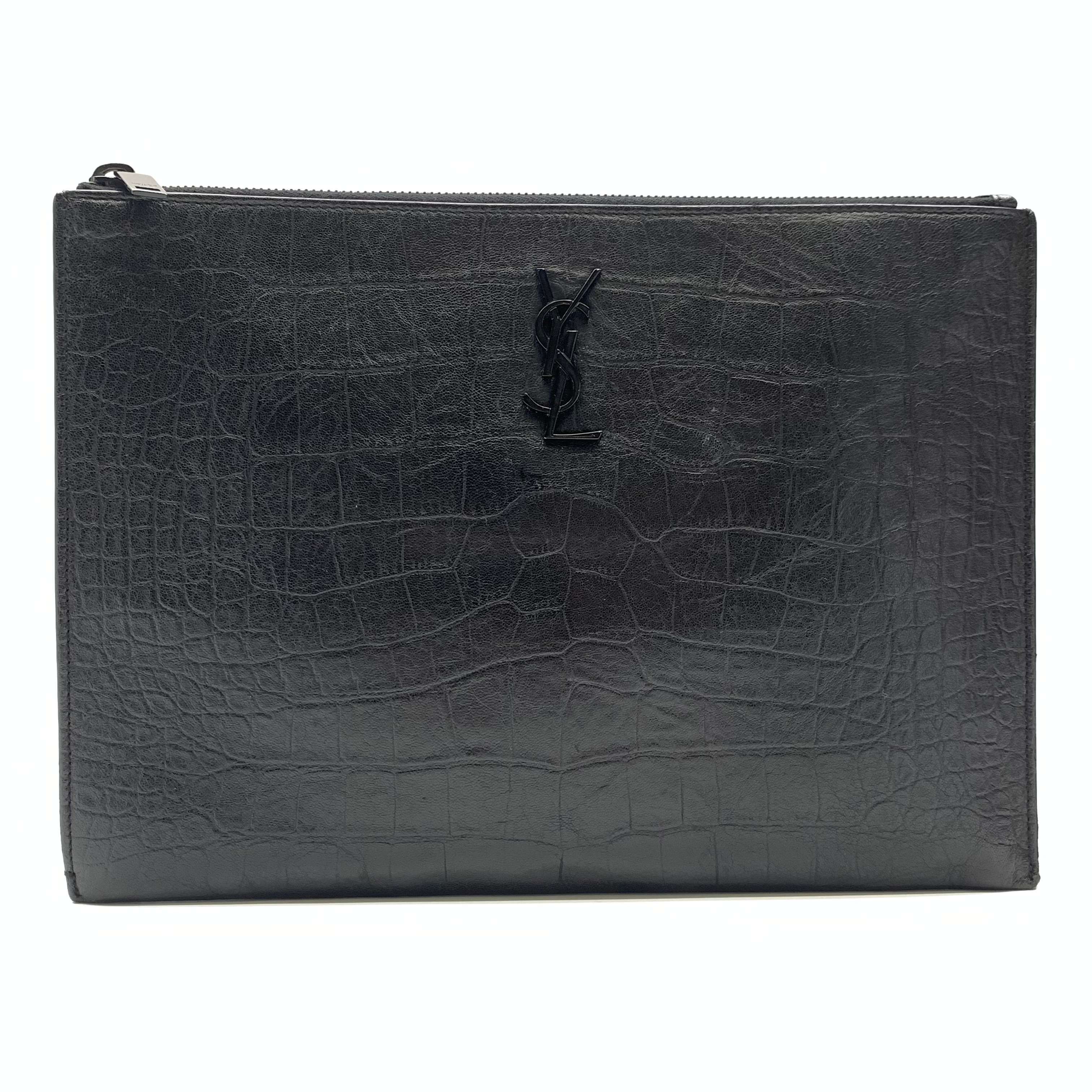 Saint Laurent Monogram Document Holder In Crocodile Embossed Leather "Black"