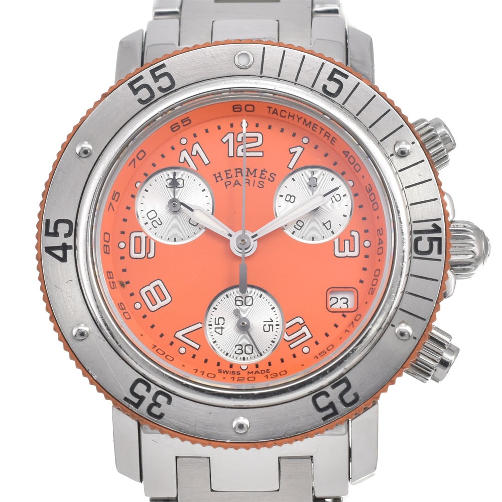 値下 エルメス HERMES CL2.316 クリッパー ダイバー クロノグラフ デイト オレンジ クォーツ レディース 腕時計 D#147122