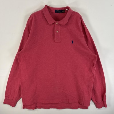 古着 ポロ・ラルフローレン POLO RALPH LAUREN 鹿の子 長袖 ポロシャツ ワンポイント ロゴ 刺繍 大きいサイズ 2ボタン XL ピンク 無地 メンズ
