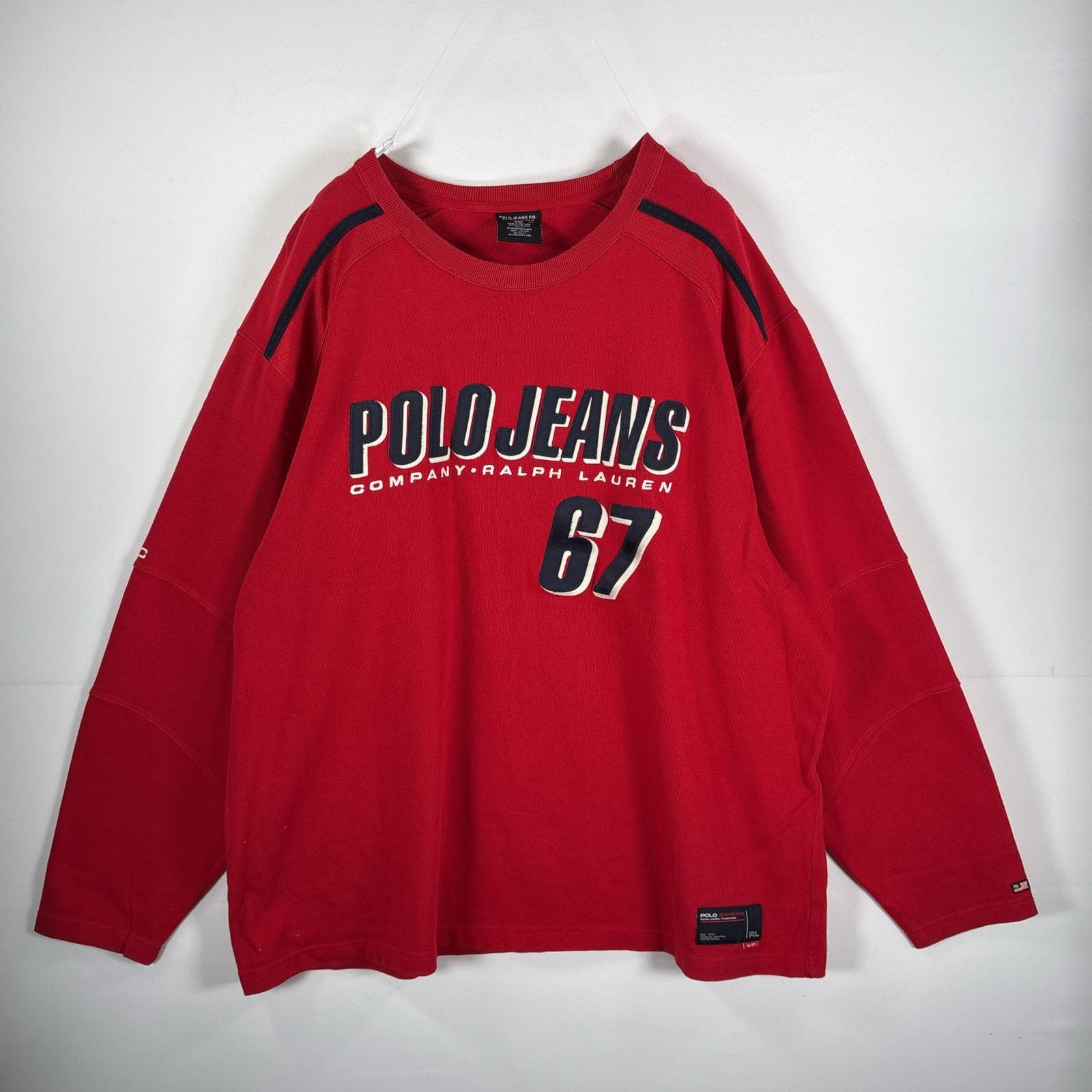 古着 ポロジーンズ POLO JEANS スウェット ラルフローレン 大判 デザイン 刺繍 クルーネック 14042  レッド メンズ