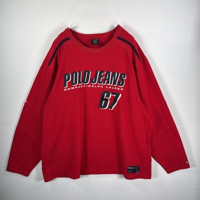 古着 ポロジーンズ POLO JEANS スウェット ラルフローレン 大判 デザイン 刺繍 クルーネック 14042 レッド メンズ