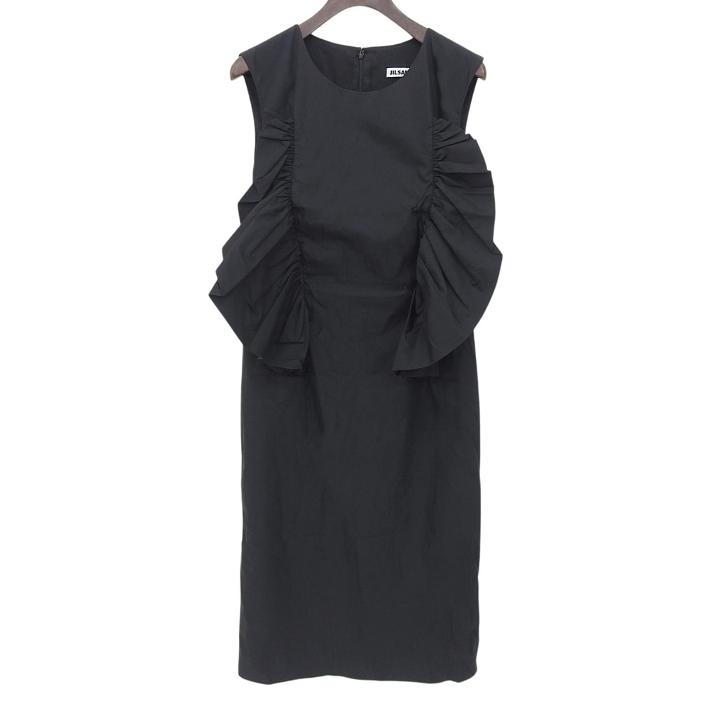 ジルサンダー コットン×ナイロン フリルデザイン バックジップ ノースリーブワンピース レディース 黒 ブラック 36 36