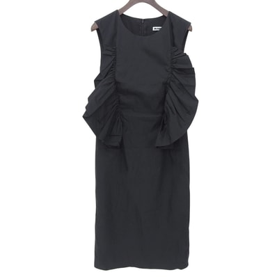 ジルサンダー コットン×ナイロン フリルデザイン バックジップ ノースリーブワンピース レディース 黒 ブラック 36 36