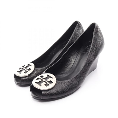 トリーバーチ Tory Burch ロゴ オープントゥ ウェッジソール パンプス 靴 レザー レディース ブラック系 【中古】