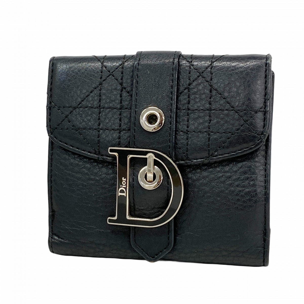 【6dc3388】クリスチャンディオール 財布 カナージュ レザー ブラック シルバー金具【中古】レディース