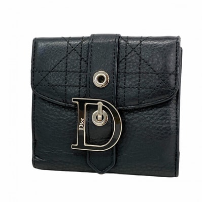【6dc3388】クリスチャンディオール 財布 カナージュ レザー ブラック シルバー金具【中古】レディース