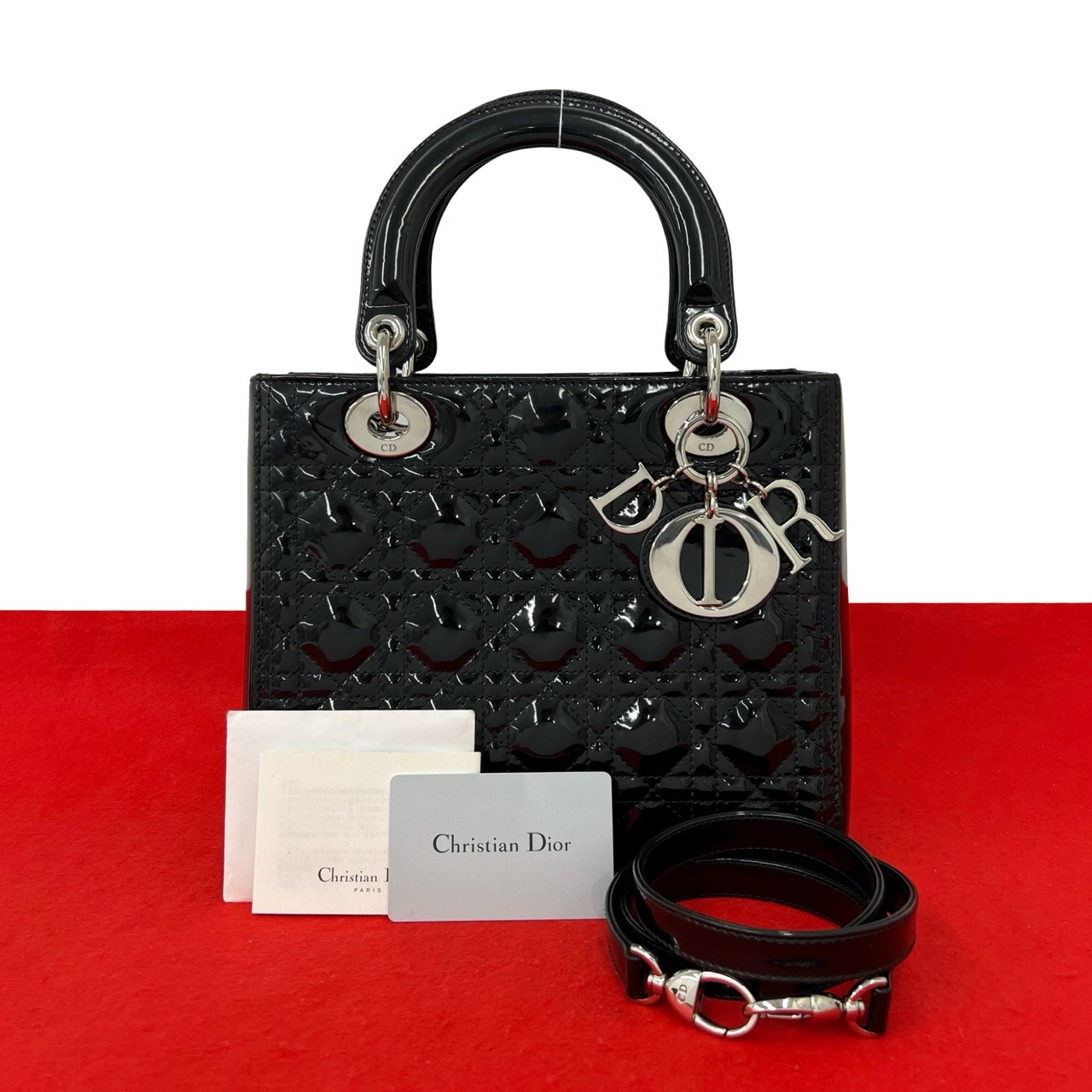 Christian Dior ディオール レディディオール カナージュ ステッチ パテントレザー ショルダーバッグ ブラック
80815