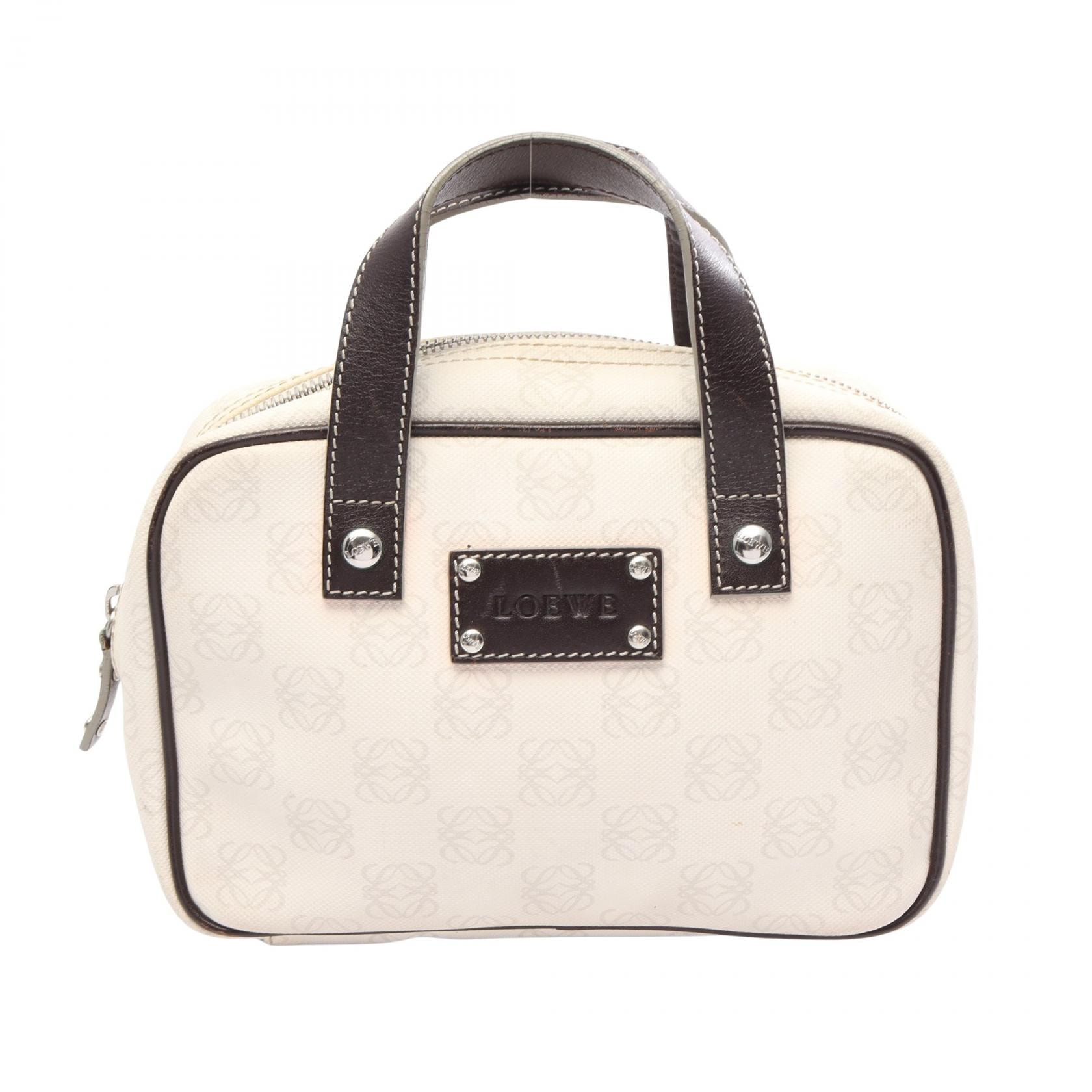 ロエベ LOEWE アナグラム ミニ ハンドバッグ バッグ PVCコーティングキャンバス レザー レディース ホワイト系 / ブラウン系 【中古】