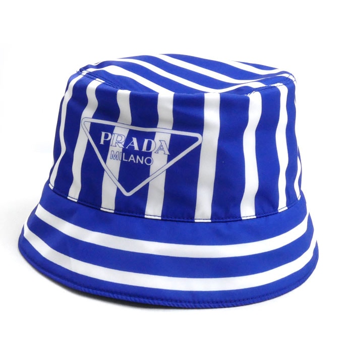 PRADA プラダ ストライプ Re-Nylon ハット ブルー ホワイト 1HC137 2FOJ IC M レディース【中古】【美品】