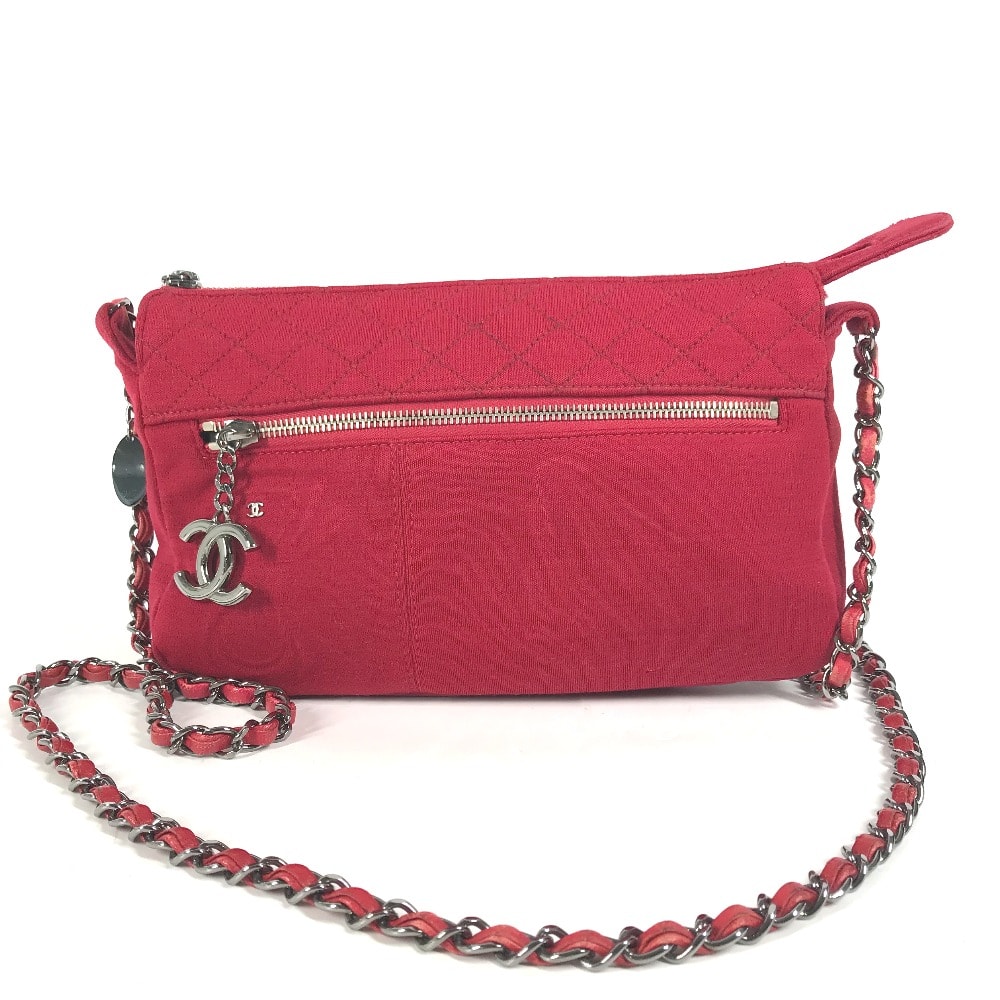 シャネル CHANEL CC ココマーク マトラッセ キルティング ポシェット カバン 斜め掛け ショルダーバッグ コットン レッド