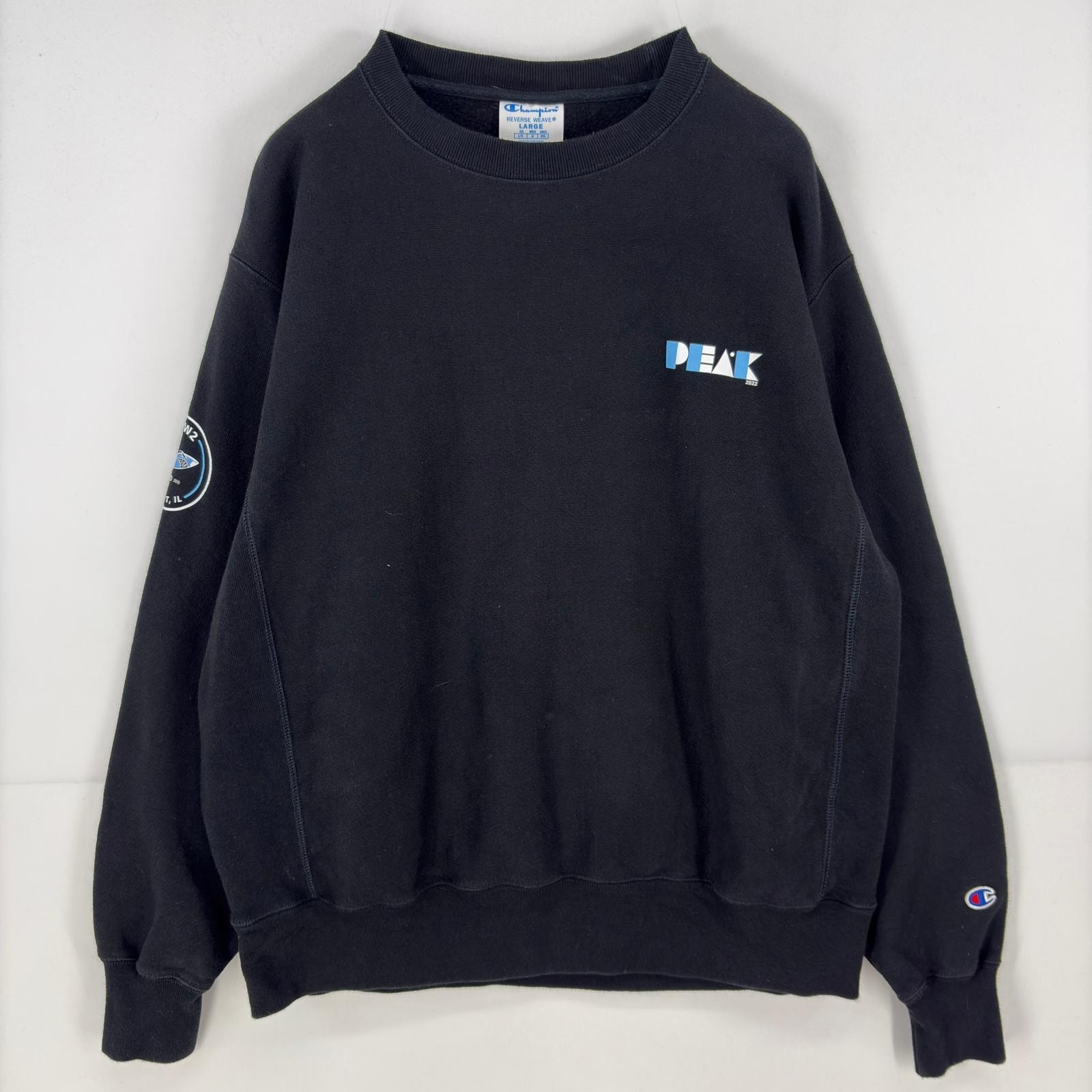 古着 チャンピオン Champion スウェット プルオーバー プリント 企業系 リバースウィーブ ロゴ 刺繍 トレーナー L  ブラック 無地 メンズ