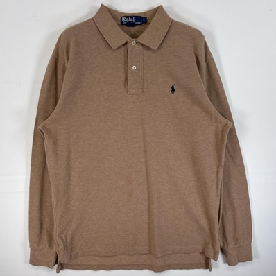 古着 90's/90年代 ポロバイラルフローレン Polo by Ralph Lauren 鹿の子 長袖 ポロシャツ ワンポイント ロゴ 刺繍 2ボタン L ベージュ 無地 メンズ