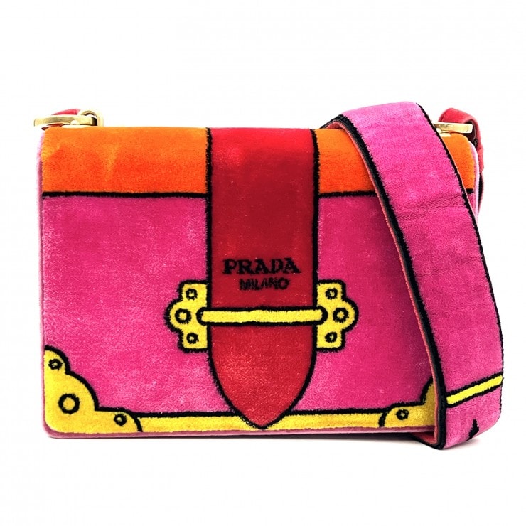 PRADA(プラダ)ベルベット プリント ショルダーバッグ ヴィンテージ ピンク マルチカラー ゴールド金具 レディース【中古】