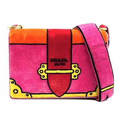 PRADA(プラダ)ベルベット プリント ショルダーバッグ ヴィンテージ ピンク マルチカラー ゴールド金具 レディース【中古】