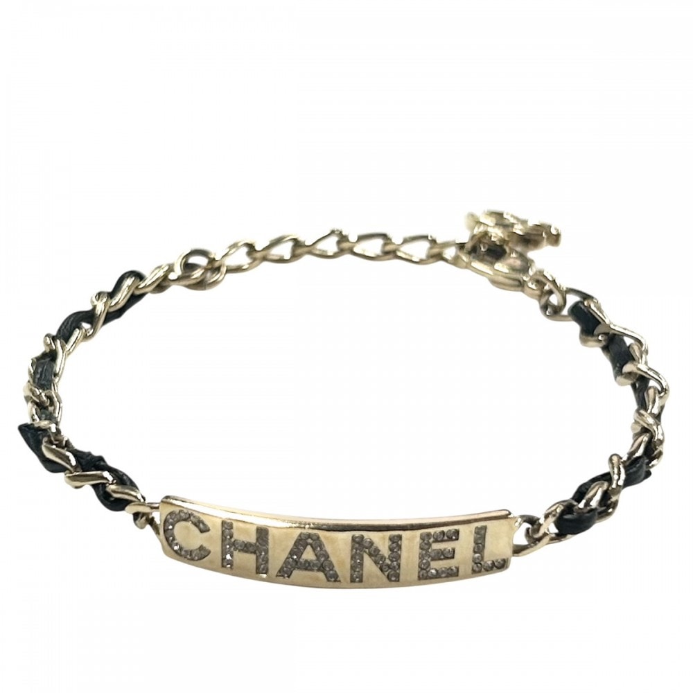 CHANEL シャネル ブレスレット チェーン ロゴプレート アクセサリー ココマーク アジャスター付き GP  ラインストーン  レザー  B20B ブラック 黒 ゴールド金具 レディース 約10.3g 2020年【中古品】