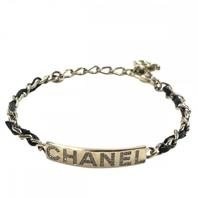 CHANEL シャネル ブレスレット チェーン ロゴプレート アクセサリー ココマーク アジャスター付き GP ラインストーン レザー B20B ブラック 黒 ゴールド金具 レディース 約10.3g 2020年【中古品】