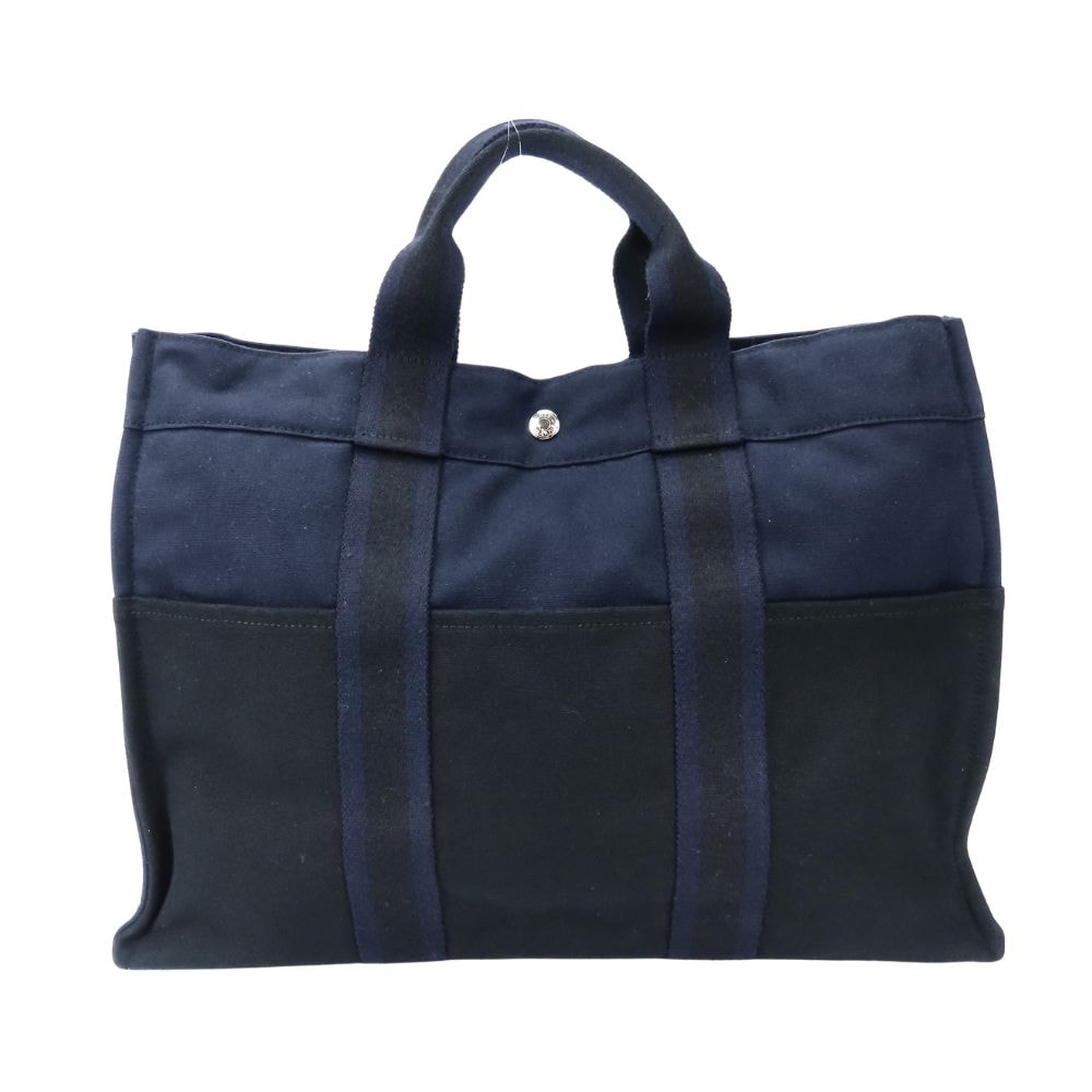 【中古】 エルメス トートバッグ フールトゥMM キャンバス ネイビー ブラック 普段使い レディース メンズ HERMES