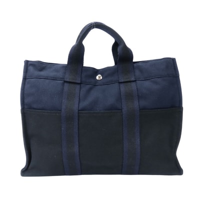 【中古】 エルメス トートバッグ フールトゥMM キャンバス ネイビー ブラック 普段使い レディース メンズ HERMES