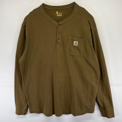 古着 カーハート Carhartt 長袖Tシャツ ヘンリーネック サーマル ワンポイントロゴ 胸ポケット 大きいサイズ 2XLTALL カーキ系 メンズ