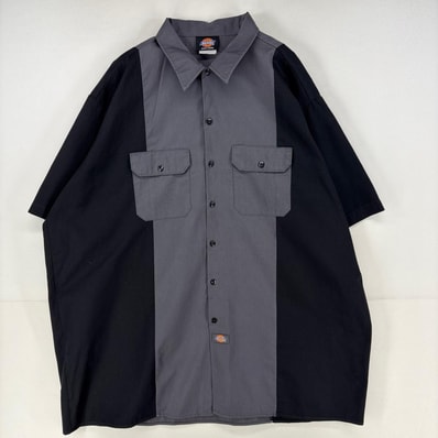 古着 ディッキーズ Dickies 半袖シャツ ワーク 胸ポケット 大きいサイズ 作業着 グレー ブラック ツートン メンズ