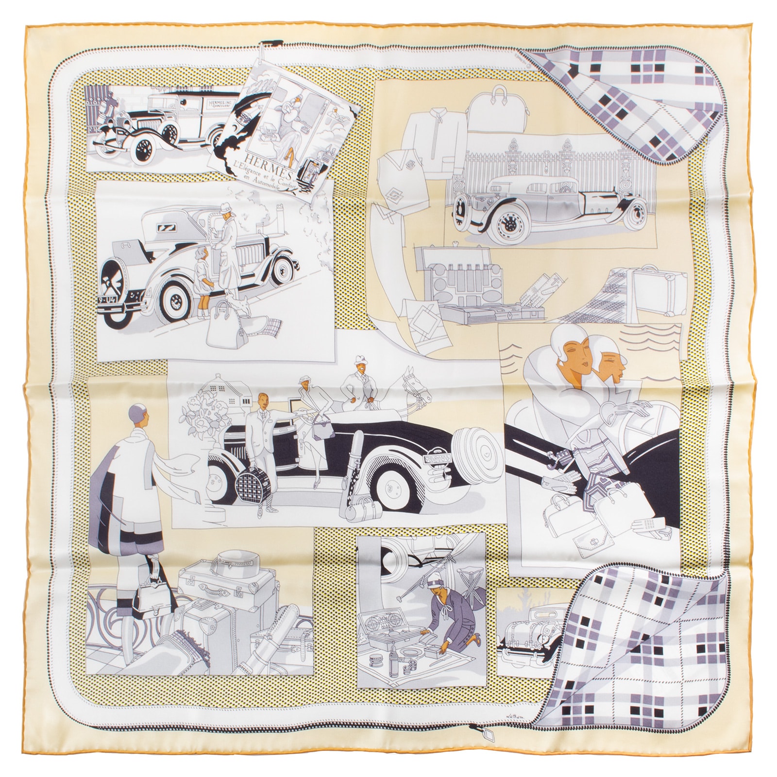 【未使用】HERMES エルメス スカーフ カレ70 L Elegance et le Confort en Automobile 自動車の快適 981902S 09 シルク ベージュ ブラック【中古】