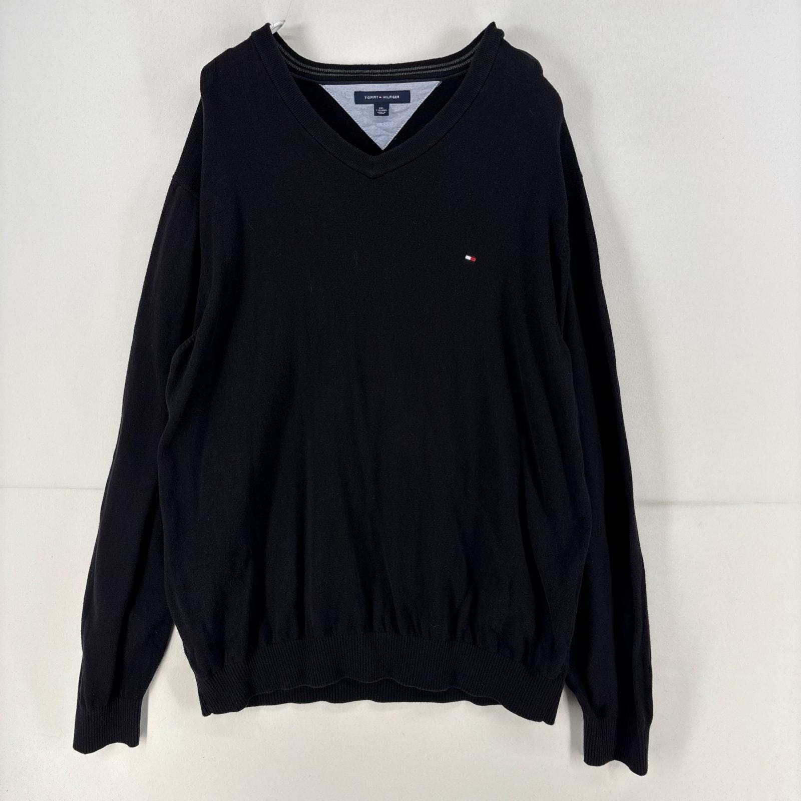 古着 トミーヒルフィガー TOMMY HILFIGER ニット プルオーバー Vネック ロゴ ニット セーター コットン 刺繍 2XL  ブラック メンズ