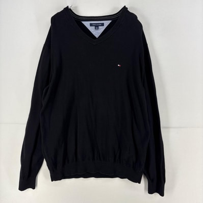 古着 トミーヒルフィガー TOMMY HILFIGER ニット プルオーバー Vネック ロゴ ニット セーター コットン 刺繍 2XL ブラック メンズ