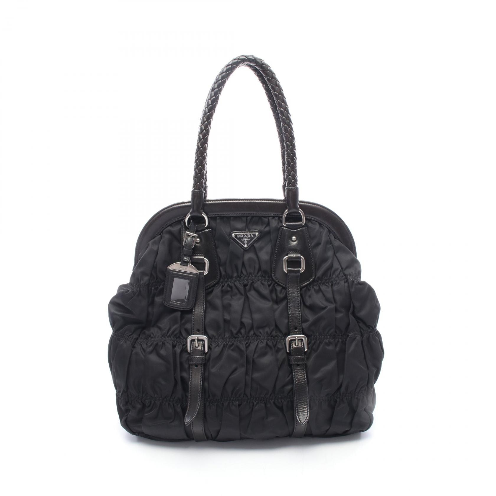 プラダ PRADA ギャザー トートバッグ バッグ ナイロン レザー レディース ブラック系 【中古】