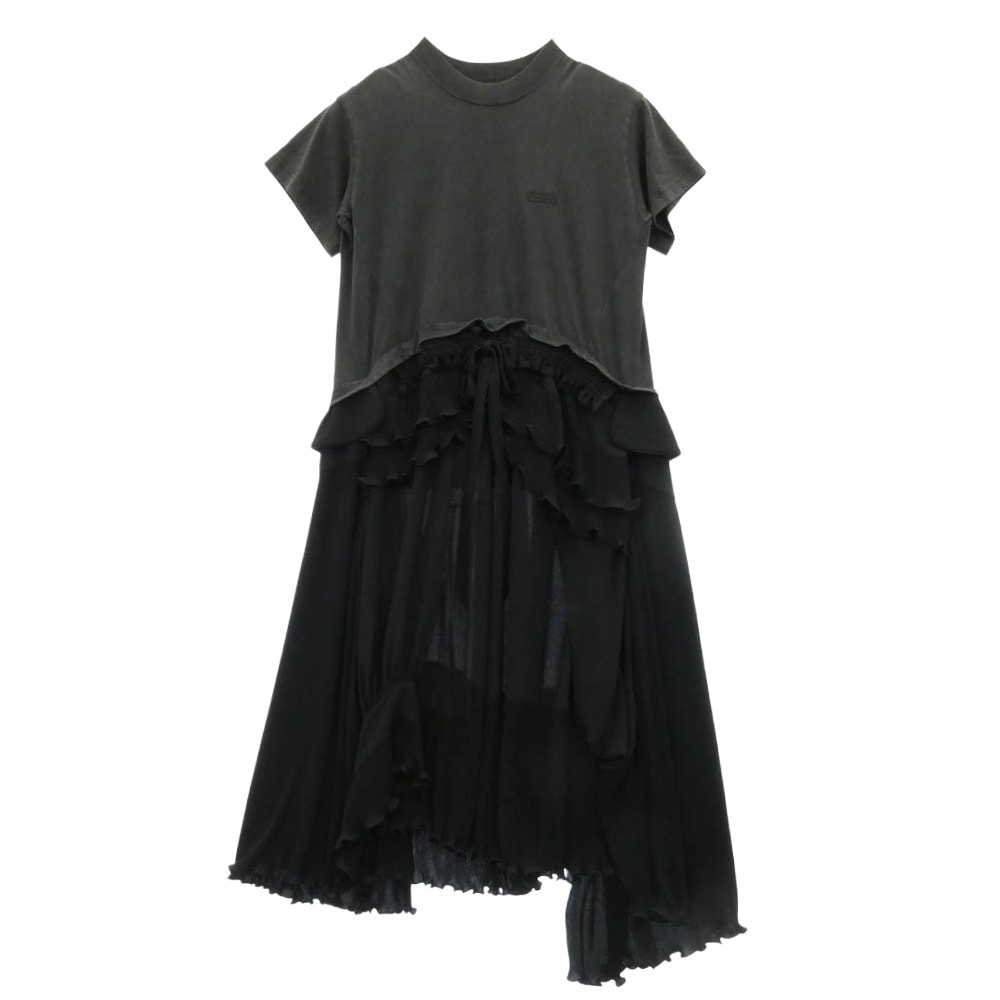 BALENCIAGA バレンシアガ 725106 TLO32 フリル プリーツ ドッキング 切り替え Tシャツ 半袖 ワンピース ブラック系 34【中古】