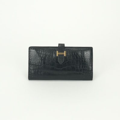 エルメス HERMES ベアンスフレ ベアン スフレ 財布 長財布 ロングウォレット アリゲーター クロコダイル ノワール Noir ブラック Black 黒 ゴールド金具 エキゾチック