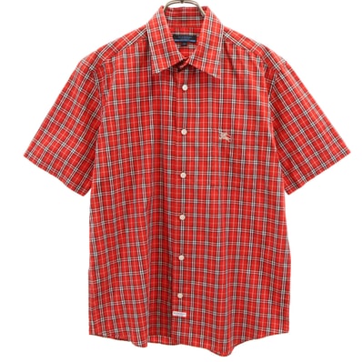美品 BURBERRY LONDON BLUE LABEL バーバリー ロンドン ブルーレーベル 日本製 チェック柄 半袖 シャツ M レッド 三陽商会