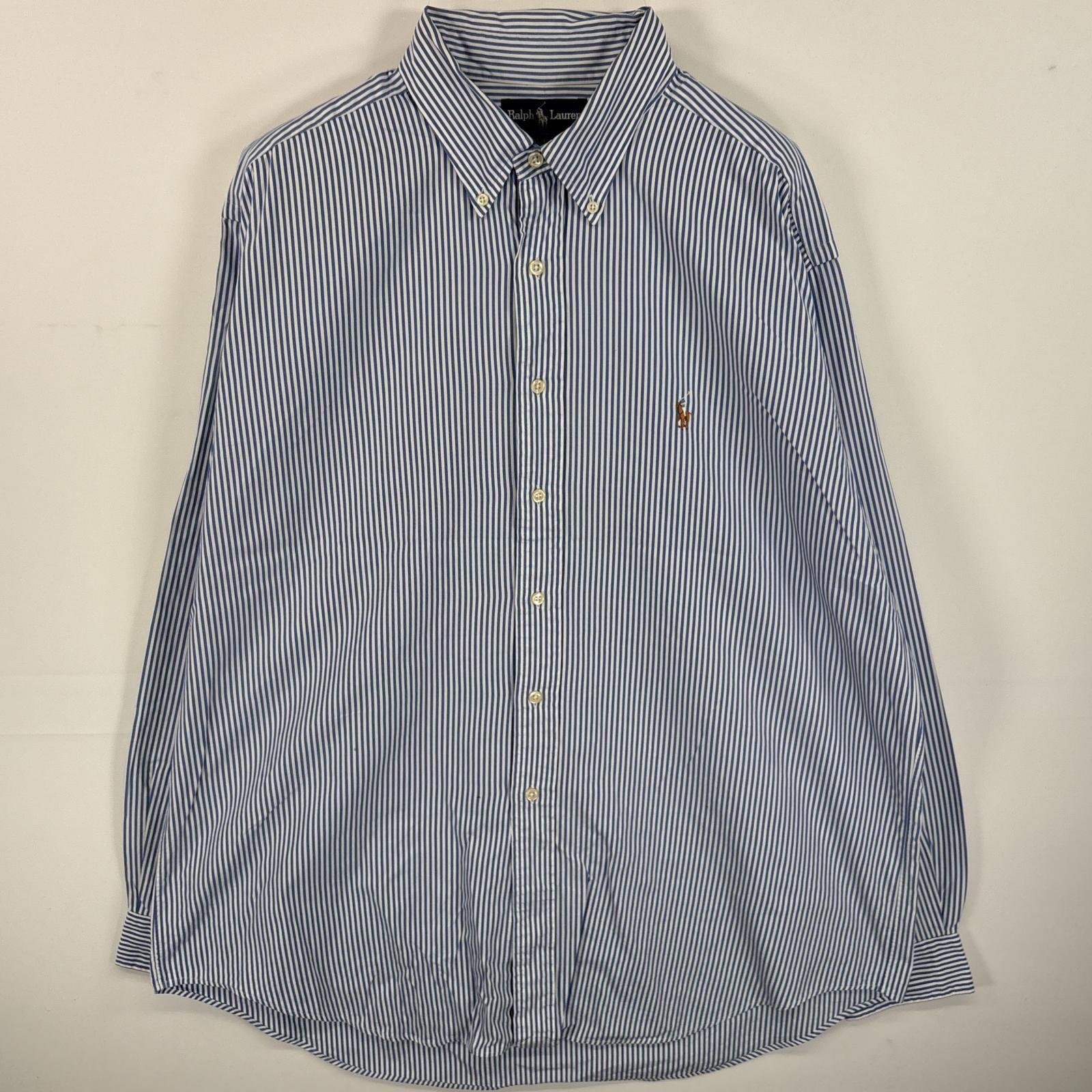 古着 ラルフローレン RALPH LAUREN 長袖シャツ ボタンダウンシャツ ワンポイント ロゴ 刺繍 大きいサイズ XL  ブルー系 ストライプ メンズ