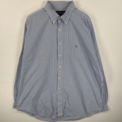 古着 ラルフローレン RALPH LAUREN 長袖シャツ ボタンダウンシャツ ワンポイント ロゴ 刺繍 大きいサイズ XL ブルー系 ストライプ メンズ