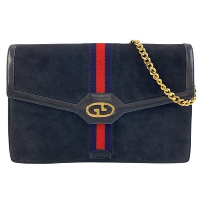美品 GUCCI グッチ ヴィンテージ シェリーライン ネイビー ゴールド金具 スウェード チェーンショルダーバッグ 604284 【中古】