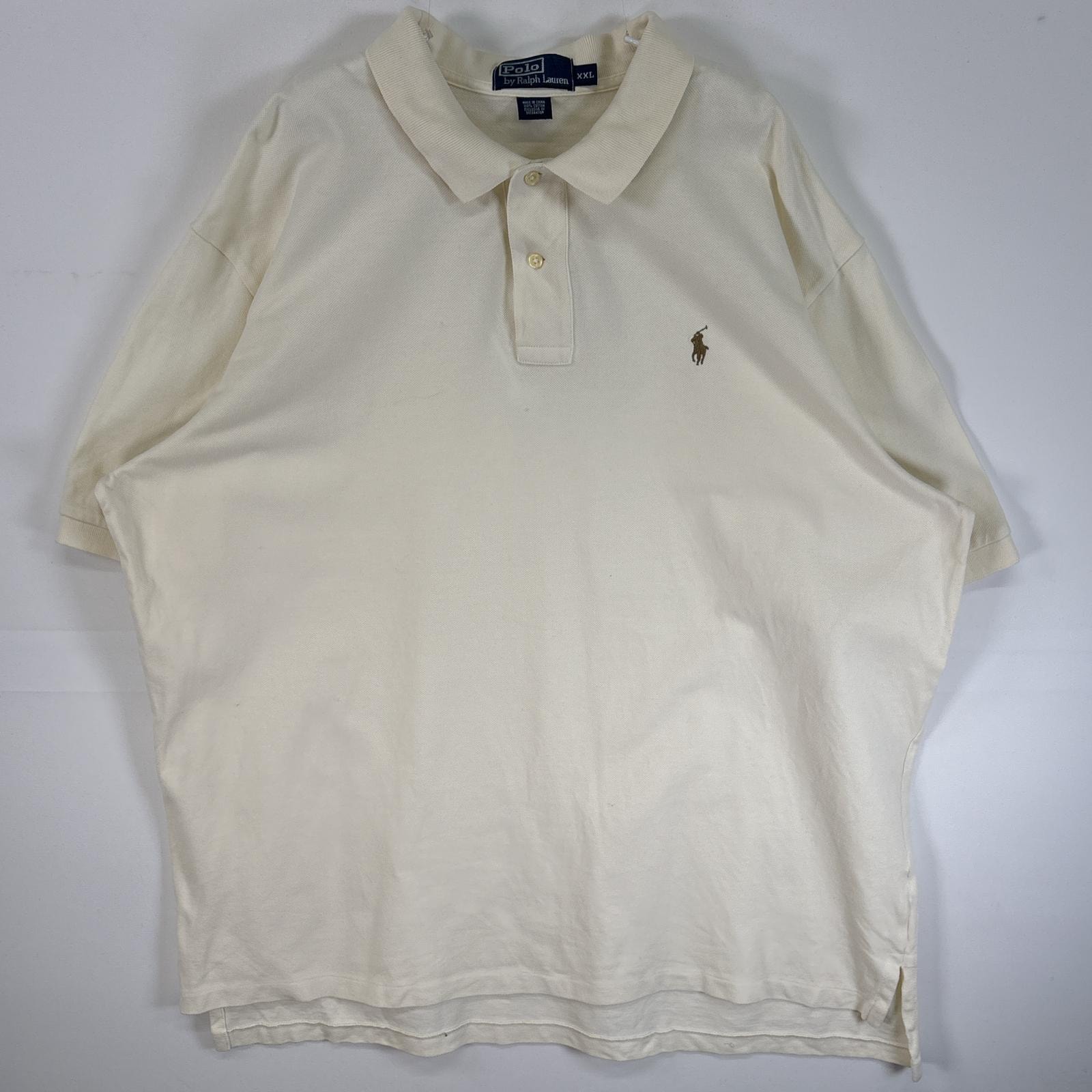 古着 90's/90年代 ポロバイラルフローレン Polo by Ralph Lauren 鹿の子 半袖 ポロシャツ ロゴ 刺繍 大きいサイズ 2ボタン 14041  ホワイト系 無地 メンズ