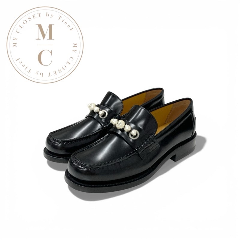 クリスチャンディオール CHRISTIAN DIOR Dior Paris ローファー 革靴 靴 シューズ カーフスキン ブラック 黒 未使用 CDシグネチャー パール フラットシューズ