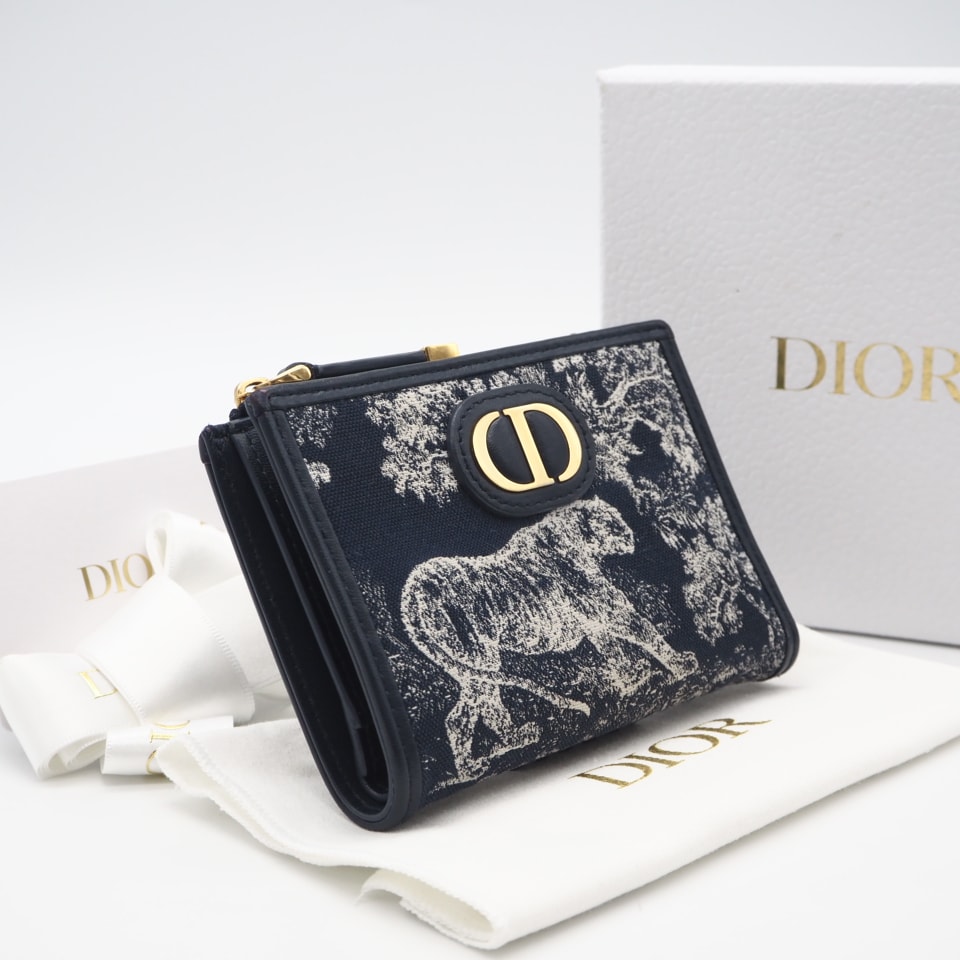 美品 Dior ディオール トワル ドゥ ジュイ リバース ジャカード 30 Montaigne Dahlia ウォレット S2197UNJR_M928 二つ折り財布 ネイビー ホワイト コットン レザー レディース