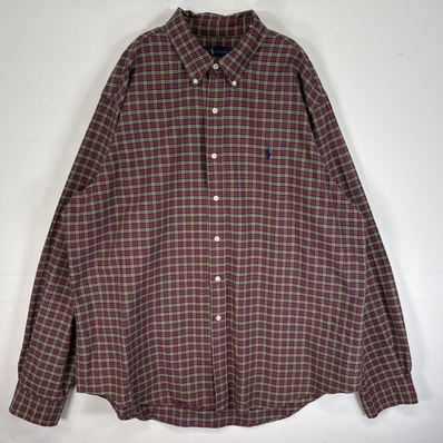 古着 ラルフローレン RALPH LAUREN 長袖シャツ チェック ロゴ 刺繍 大きいサイズ 肉厚 14041 レッド系 マルチカラー メンズ