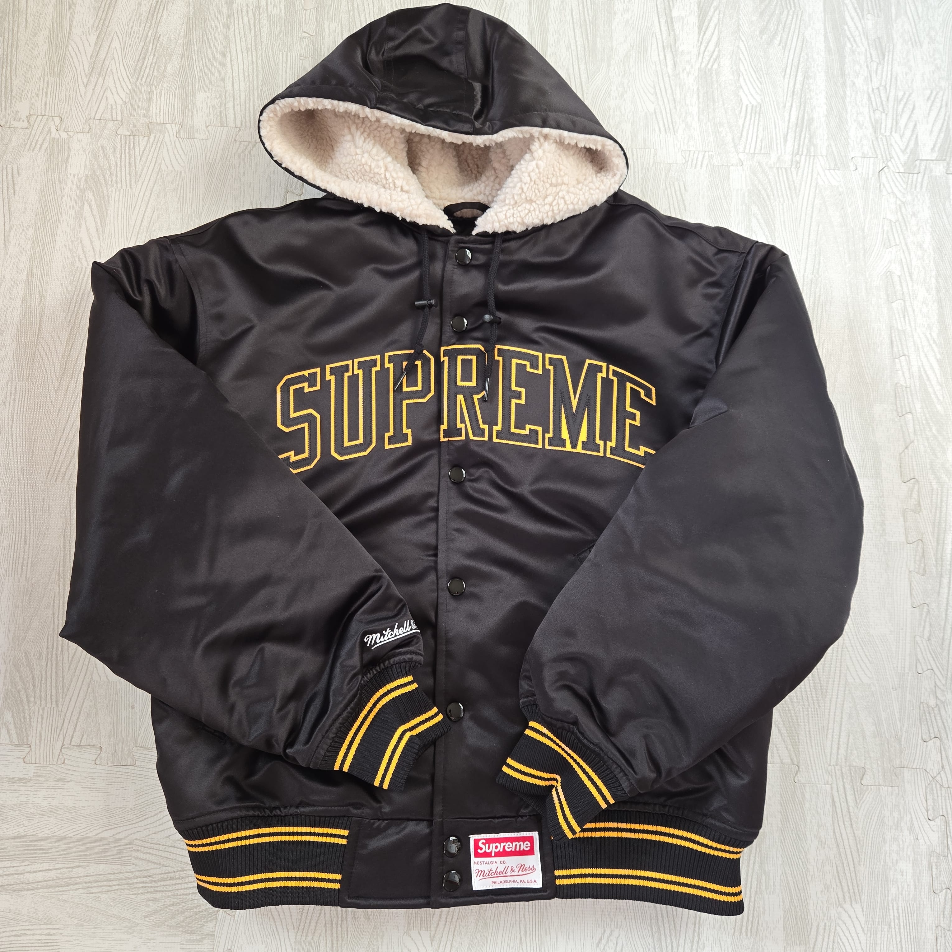 Supreme x Mitchell & Ness Lined Hooded Satin Varsity Jacket 