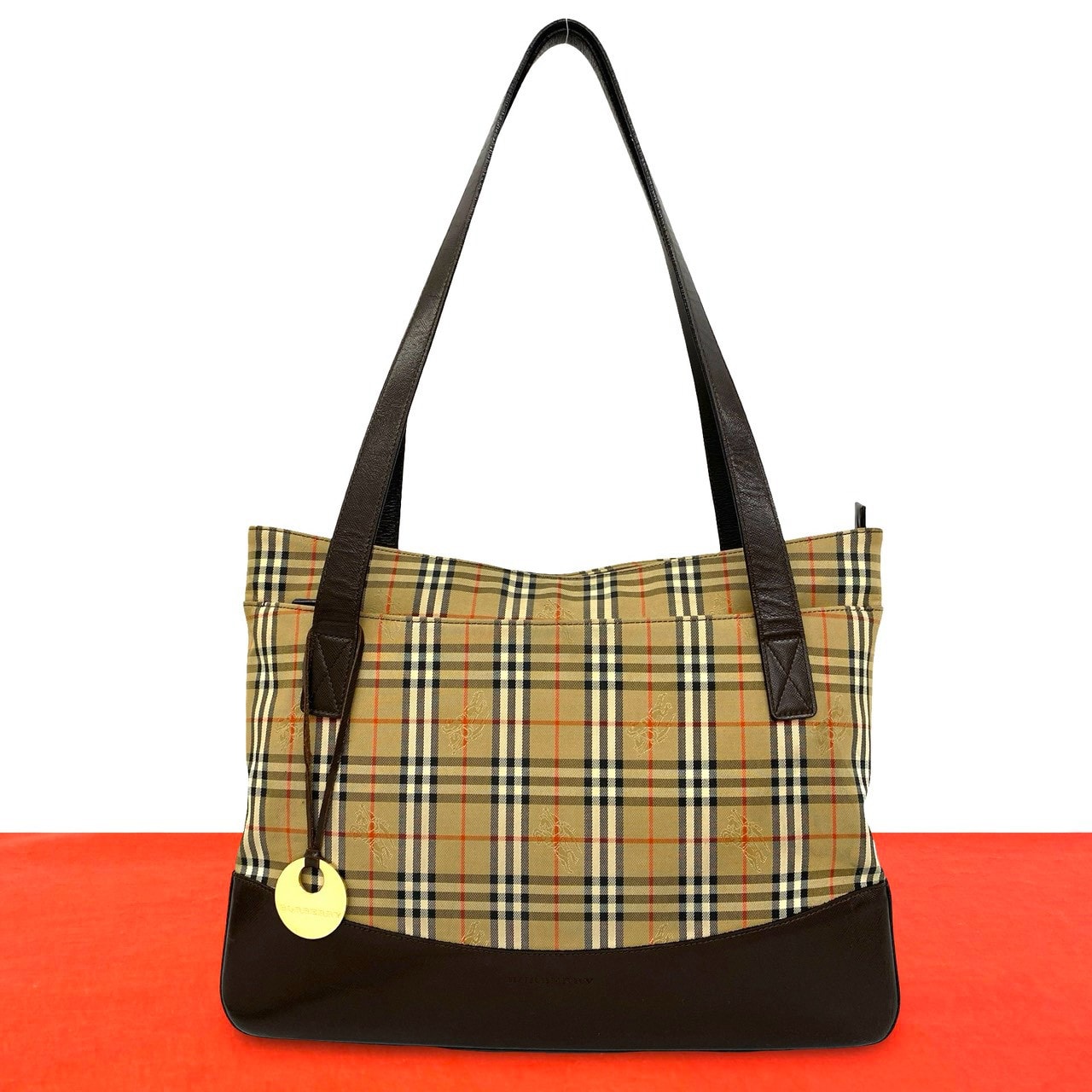 BURBERRY バーバリー ノバチェック シャドーホース 柄 キャンバス レザー トートバッグ ブラウン
 04313