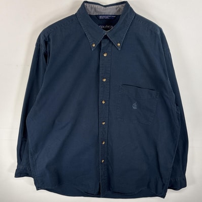 古着 ノーティカ NAUTICA 長袖シャツ ボタンダウンシャツ ワンポイント ロゴ 刺繍 大きいサイズ L ネイビー 無地 メンズ