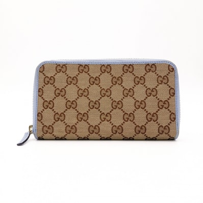 GUCCI GG Canvas Zip Around Wallet "Beige/Ebony/Light Blue"