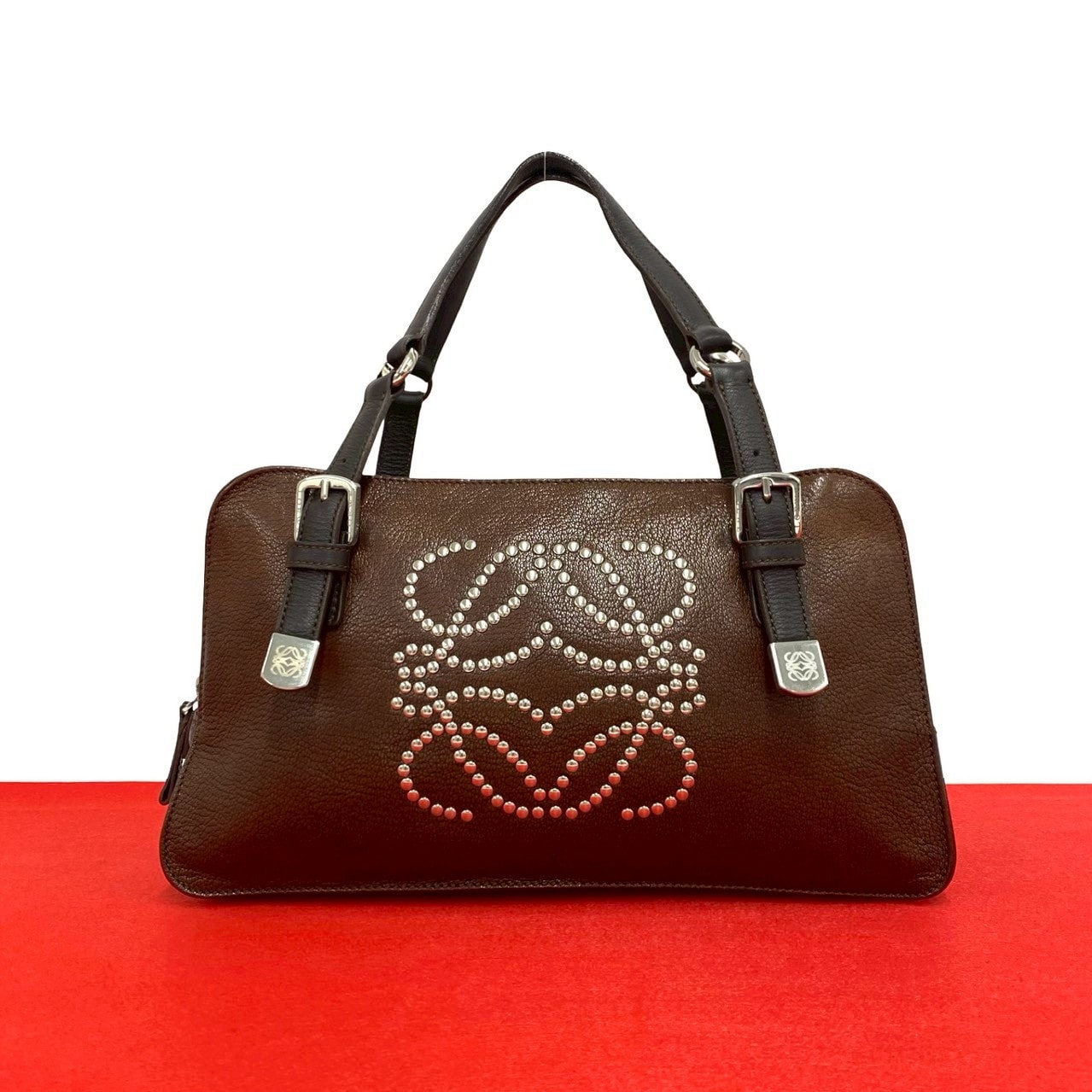 LOEWE ロエベ アナグラム ロゴ スタッズ レザー ハンドバッグ ブラウン
 35311