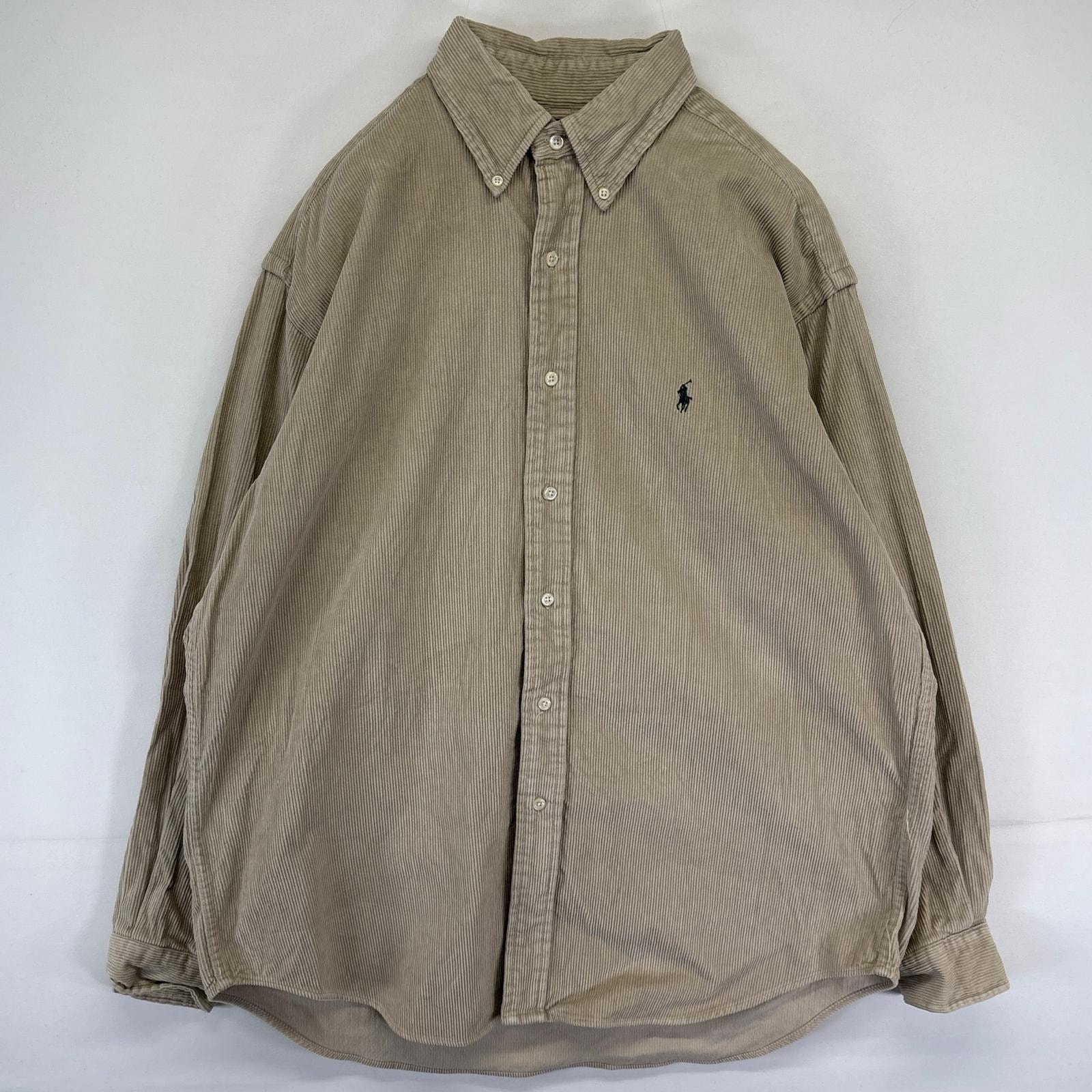 古着 ラルフローレン RALPH LAUREN 長袖シャツ コーデュロイシャツ ボタンダウン ワンポイントロゴ L  ベージュ系 メンズ