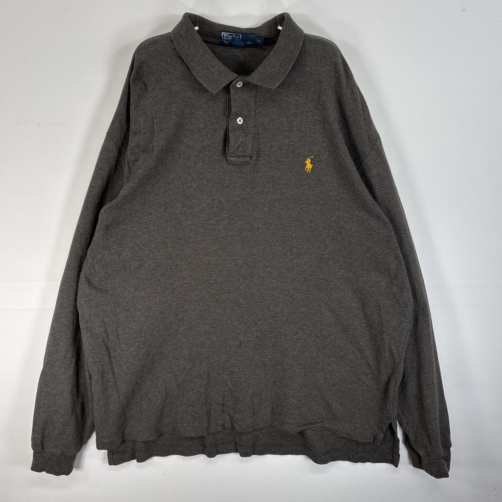 古着 90's/90年代 ポロバイラルフローレン Polo by Ralph Lauren 長袖 ポロシャツ ロゴ 刺繍 大きいサイズ 2ボタン XL  ダークグレー 無地 メンズ