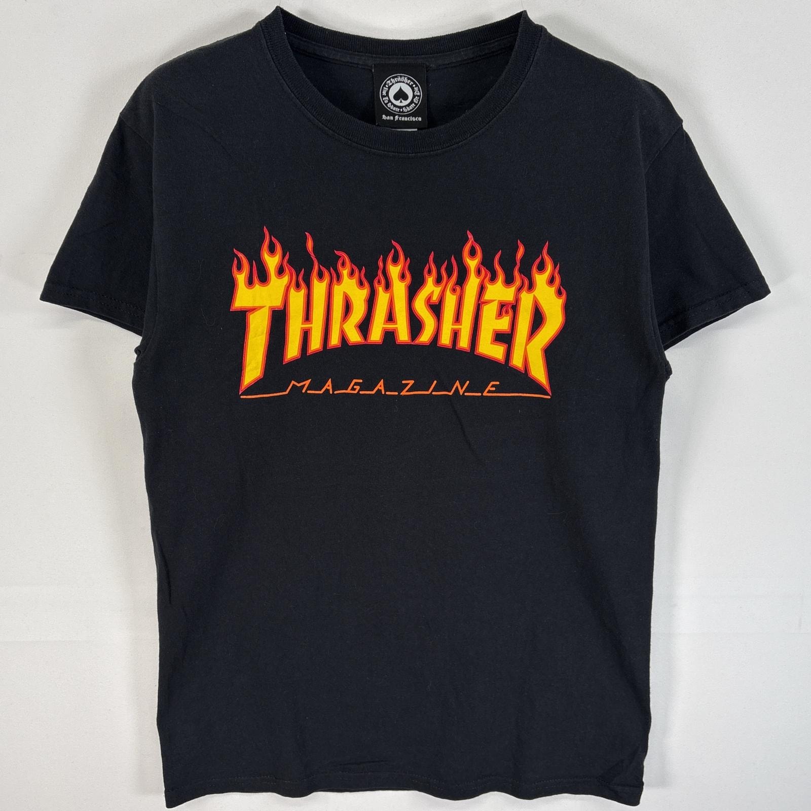 古着 スラッシャー THRASHER 半袖Tシャツ ラバープリント ロゴ ファイヤーデザイン スケボー S  ブラック メンズ